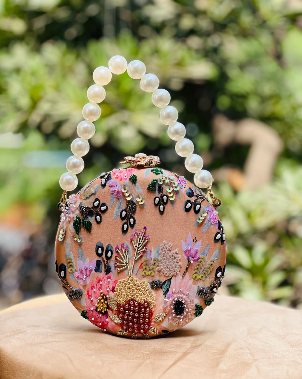 Handmade Round Embroidered Clutch with Pearl Handle – Wedding Bag UK