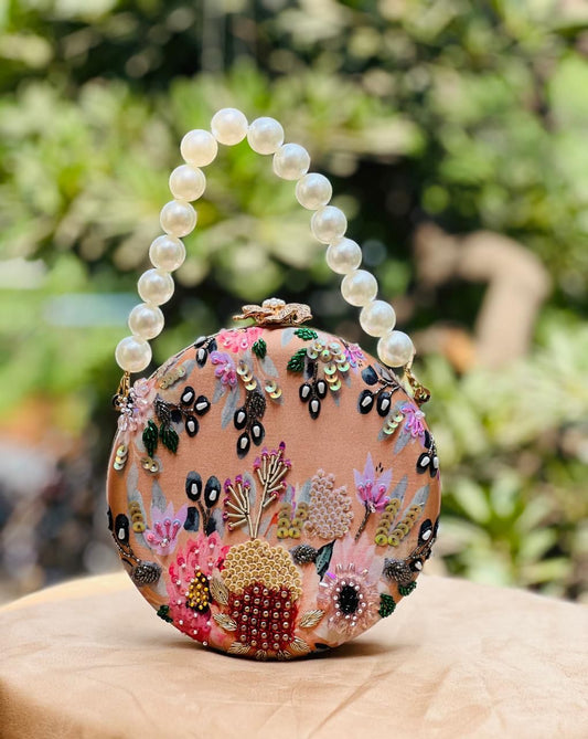 Handmade Round Embroidered Clutch with Pearl Handle – Wedding Bag UK