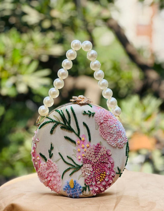Round Floral Clutch with Pearl Handle – Boutique Occasion Handmade Bag UK