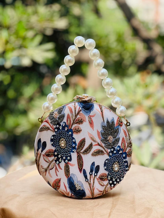 Siveira Midnight Petal Clutch – Round Beaded Occasion Bag with Pearl Handle (Handmade in Limited Runs)