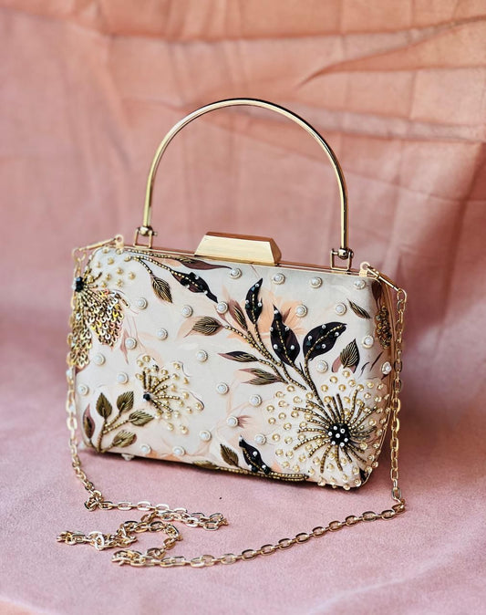 Handmade Box Clutch with Gold Floral Embroidery – UK Boutique Bag by Siveira