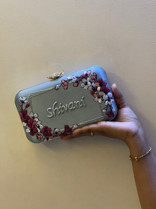 Siveira Signature – Personalized Floral Name Clutch Bag | Custom Floral Embroidered Bag | UK Gifts
